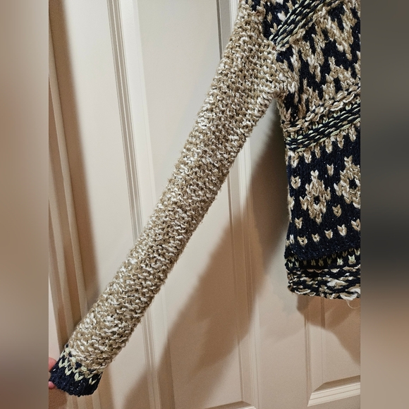 Free People Fairisle Hooded Sweater High Low Hem Oversized XS Navy Cream NWT - Picture 8 of 16